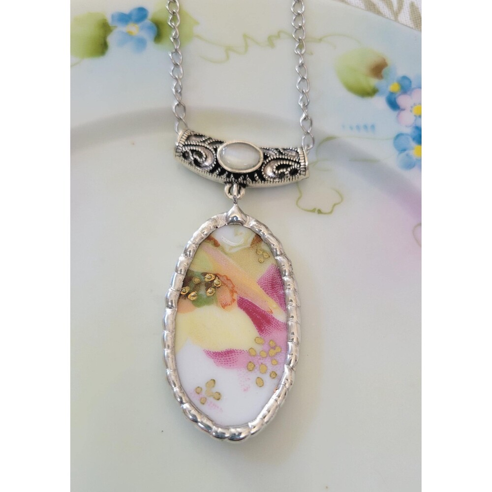 Broken China Necklace – Handcrafted Floral Chintz with Beaded Solder Border